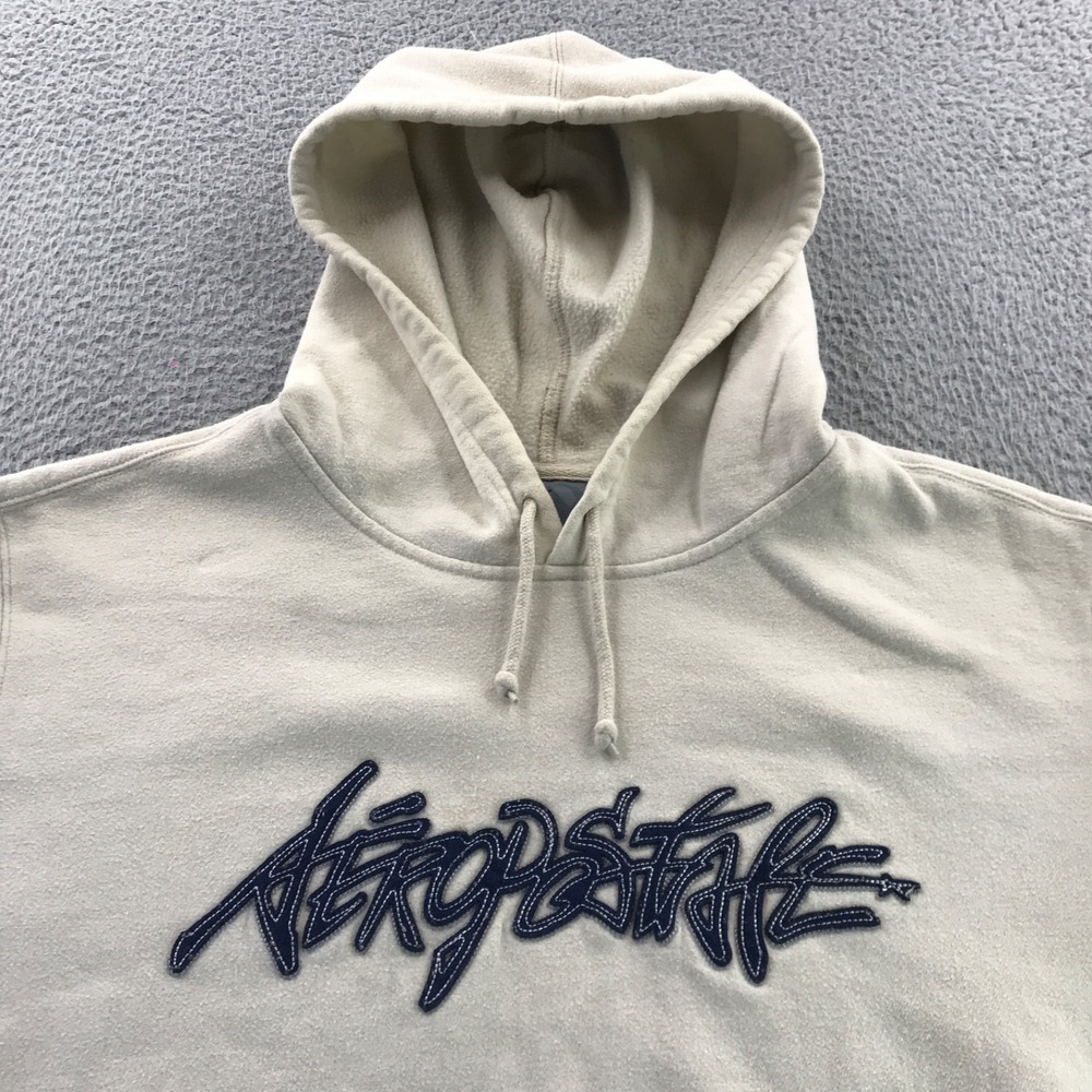 Vintage Aeropostale Y2K Hoodie Mens Cream Puff Embroidered Graffiti Logo Skater